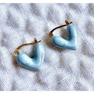 New Blue Enamel & Gold Tone Puffy Heart Retro 80s Style Huggie Hoop Earrings